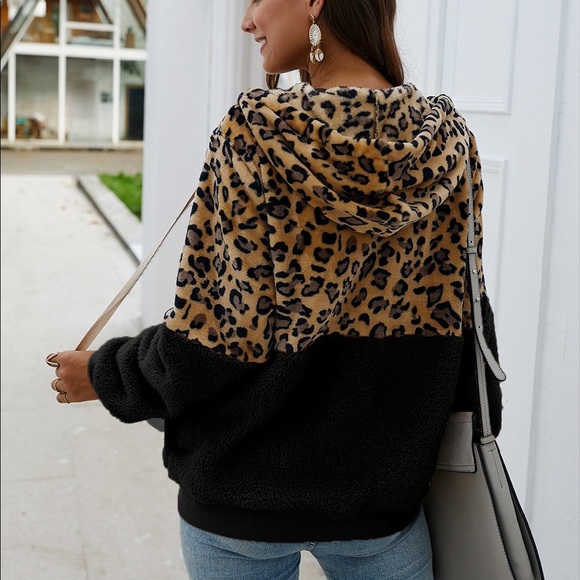 🆕Leopard Print Full Zipper Up Hoodie Black - Picture 2 of 3